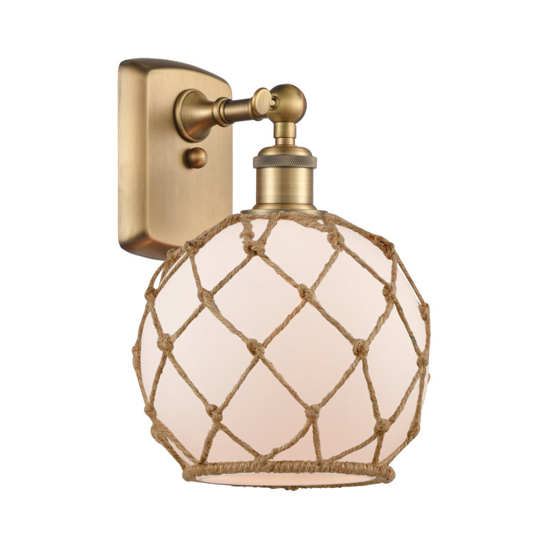 Larocque Armed Sconce, 6 Watt Vinage LED Bulb, White with Brown Rope, Brushed Brass