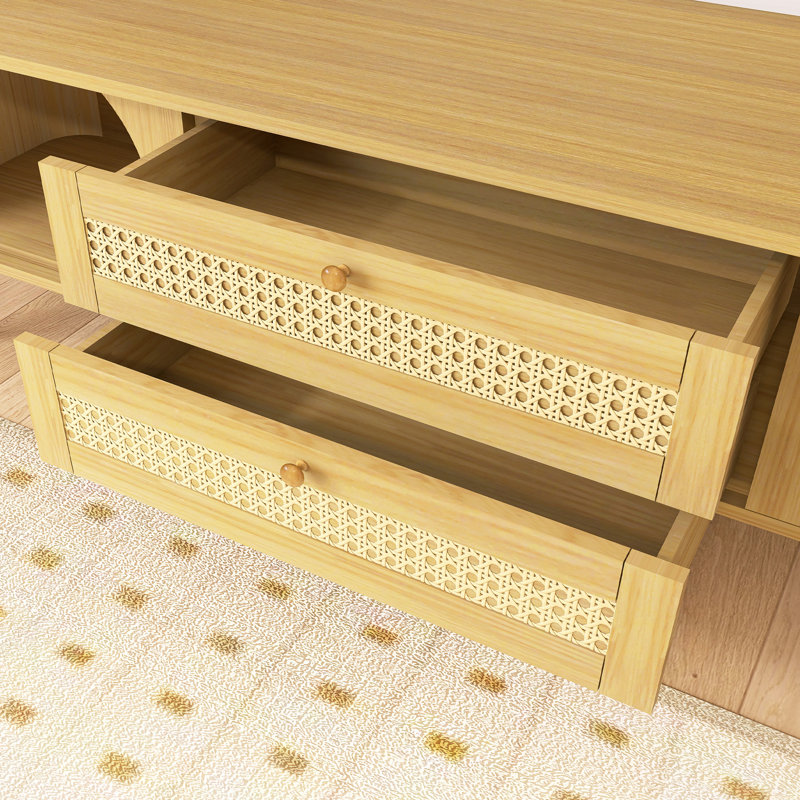 Rattan TV Stand With Solid Wood Legs