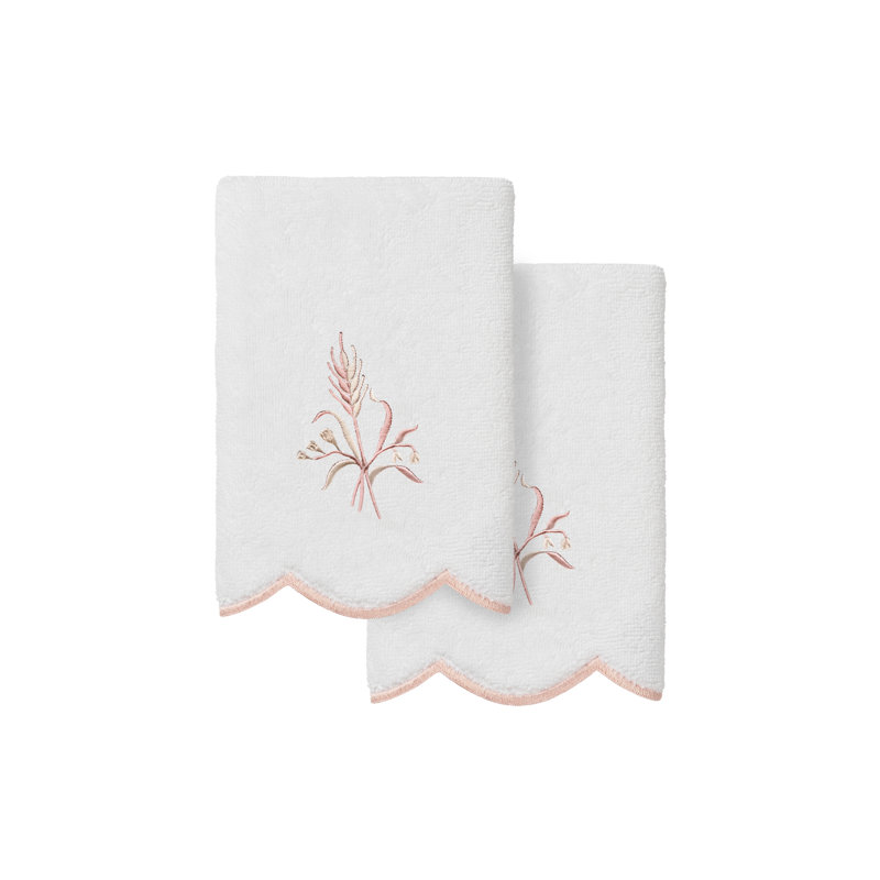  100% Turkish Cotton WHITNEY Scallop 2PC Embellished Fingertip Towel Set, White/Pink, Fingertip Towels - 2 Pack