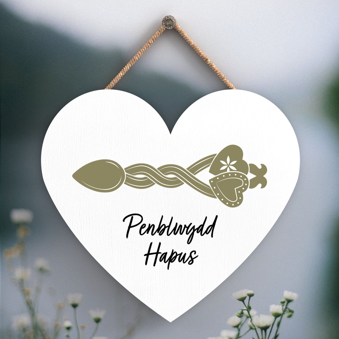 PENBLWGDD HAPUS HAPPY ANNIVERSARY WELSH LOVE SPOON WOODEN HEART HANGING PLAQUE - Image 2