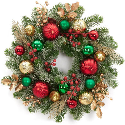 Couronne givrée pré-éclairée de 16 pouces - 30 DEL, minuterie et ornements multicolores pour fenêtre ou table