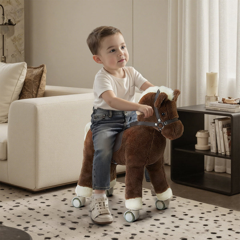 Cheval à bascule pour enfants avec poney en peluche, cadre en bois massif et mécanisme non électrique, idéal pour la salle de jeux et la chambre.