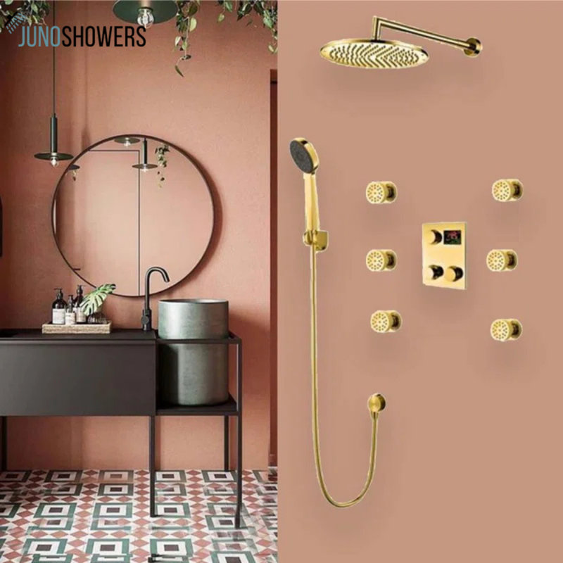 Juno 16" Gold Finish Thermostatic Digital Display shower system