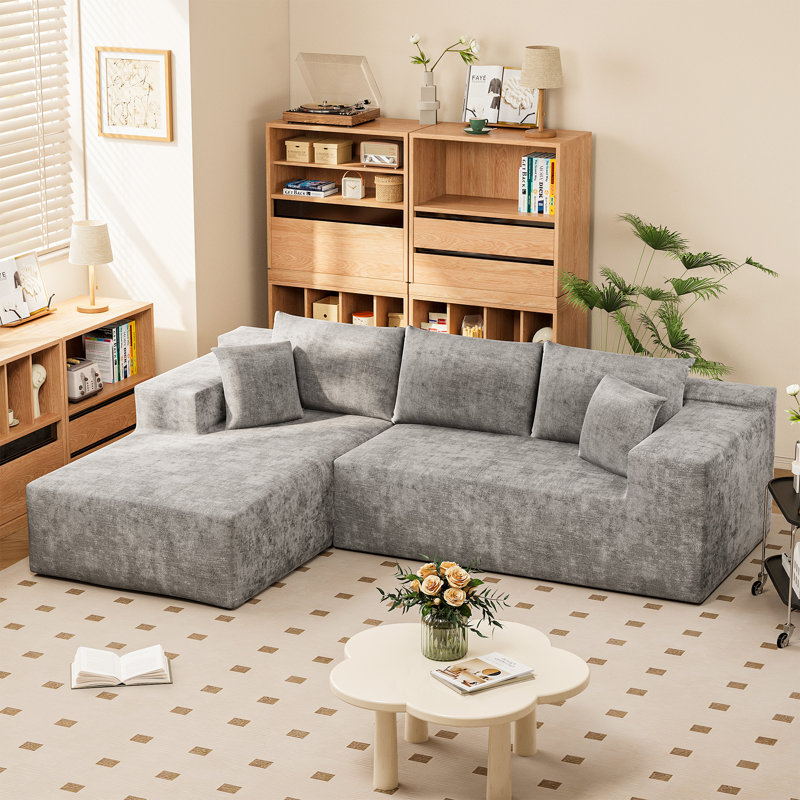 Boneless 108" L-Shaped Compression Sectional Couch with 3 Seats, Wide Modular Sofa for Living Room, Dark Gray Chenille 