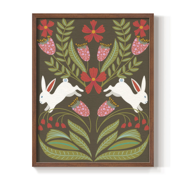 «Folk Flower And Rabbit I», H 21 po x l 17 po, Noyer