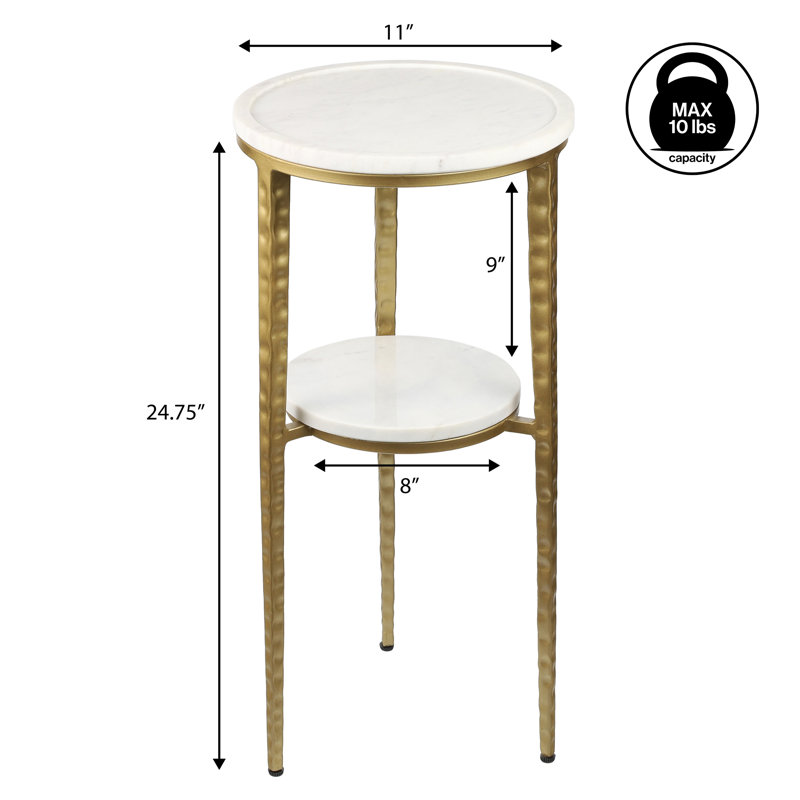 Table basse moderne à 2 niveaux en marbre blanc Seraphina 25 po, petite table de bout d'appoint en métal doré mat pour le salon et la chambre