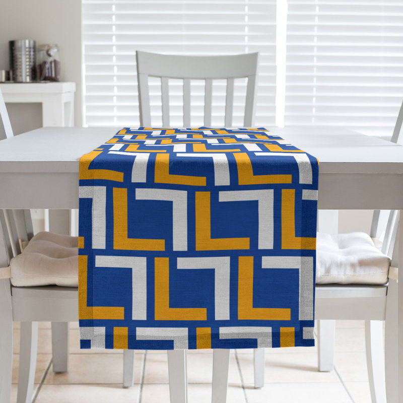 Geometric Table Runner, 90" x 16", Blue/Gold/White, Polyester