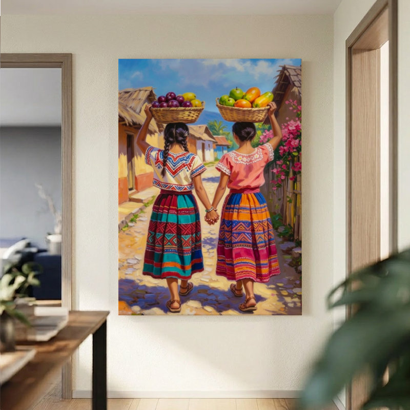 Tableau sur toile « Sœurs de la Moisson », art populaire vibrant, impression sur châssis entoilé 61 x 91 cm, décoration murale orange et or sur le thème de la sororité folklorique pour salle à manger, salon et cuisine