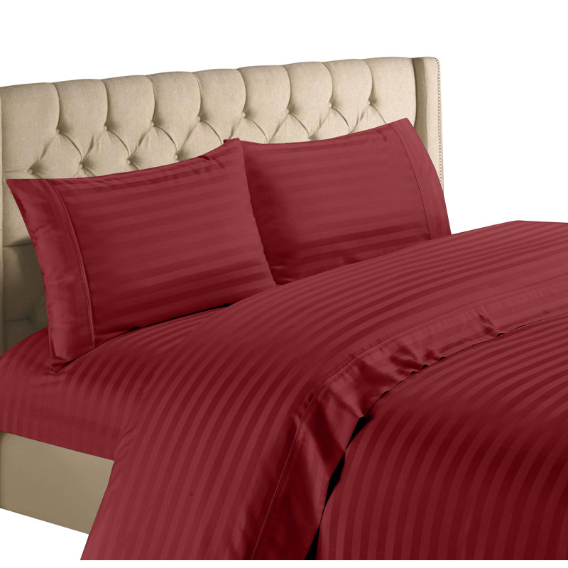 Egyptian Cotton Sateen Striped Sheet Set, Burgundy, Queen Sheet Set + 1 Fitted Sheet + 2 Pillowcases