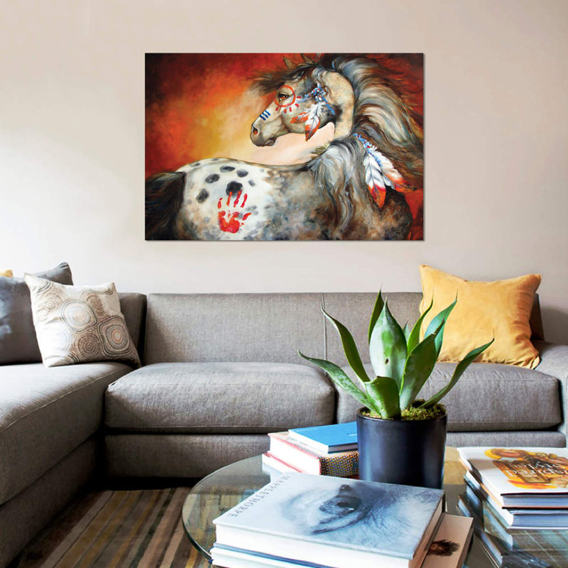 « 4 plumes indienne war pony », reproduction sur toile, H 8 po x l 12 po x P 0,75 po