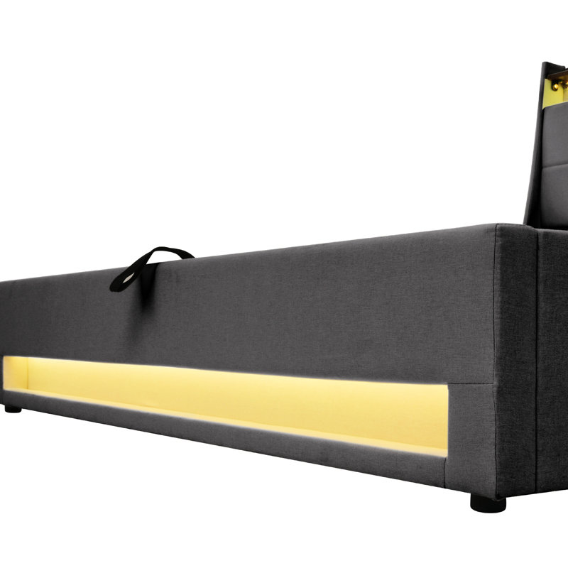 Lit plateforme gris avec éclairage à DEL et rangement hydraulique - Éclairage à DEL rembourré confortable, rangement de charge, peu encombrant