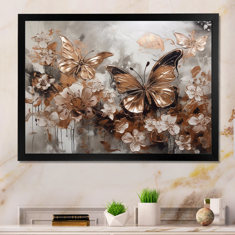 «Ryus Rose Gold Butterfly Wings And Flowers I», reproduction sur toile, H 12 po x l 20 po x P 1 po, Cadre noir