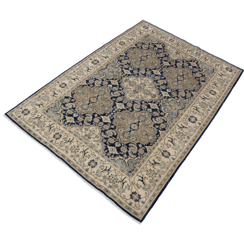 Tapis bleu / beige en laine noué à la main de style oriental rectangulaire Baccio 5 pi 11 po x 8 pi 8 po