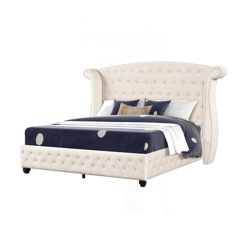 Lit double capitonné en cristal en bois crème