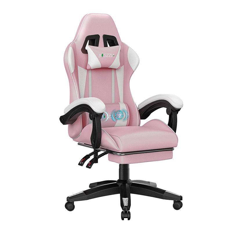 Ergonomic Game Chair with Massage Lumbar Support and Footrest Swivel, Pink