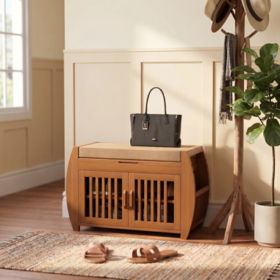  Banc de rangement pour chaussures en bambou brun avec tablettes latérales et compartiment de siège caché