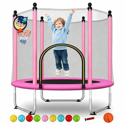 48in Kids Trampoline with Safety Enclosure Net, Basketball Hoop & Balls, Mini Indoor Outdoor Trampoline for Toddlers, U-Shaped Steel Frame,Birthday Gi