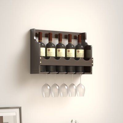 5-Bottle Wall-Mounted Solid Wood Wine Rack Glass Rack Storage with Stemware Holder
