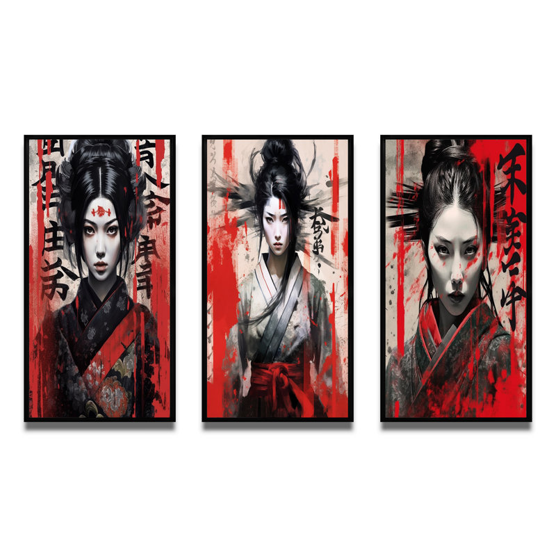 «Fierce Japanese Woman Warrior Vintage Collage», 3 pièces sur toile, Cadre flottant noir, H 40 po x l 60 po