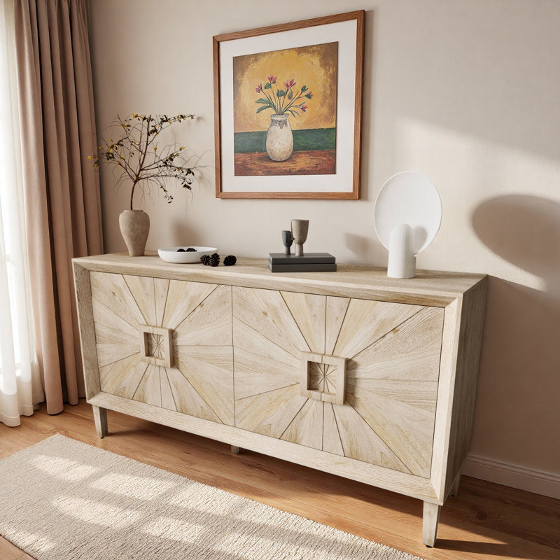 Buffet avec porte symétrique Sunburst et tablettes réglables, Naturel antique