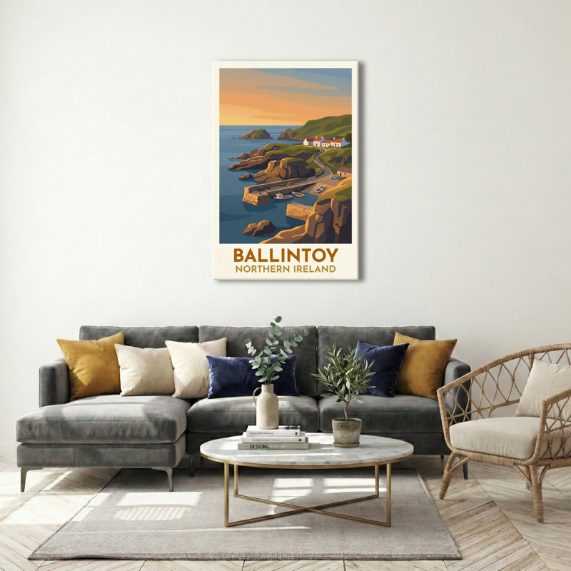 Ballintoy, Northern Ireland - Romantic Coastal Travel Poster Of Harbour And Cliffs. Giclee Print On Wrapped Canvas. Wall Art, Home Decor - Cities & Towns, Northern Ireland - Wrapped Canvas Print