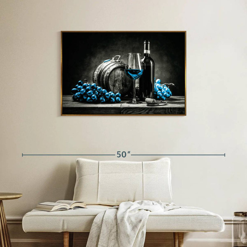 Vin et raisins - bleu éclatant, 37 po x 25 po, Cadre flottant doré