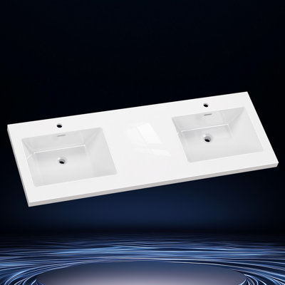 60 In. W X 22 In. D Solid Surface Cultured Marble Vanity Top White Integrated Sink Bathroom Double Basin Countertop