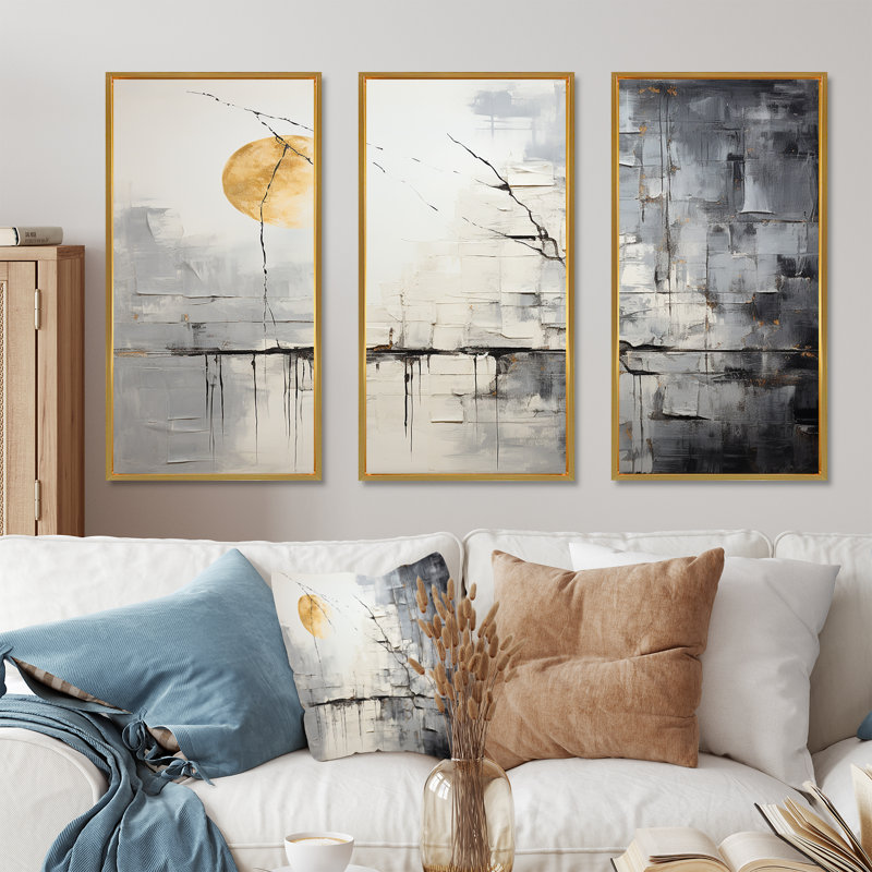 «Gray and White Stone River I», reproduction d'art murale abstraite, Cadre flottant doré, H 40 po x l 61 po x P 1 po