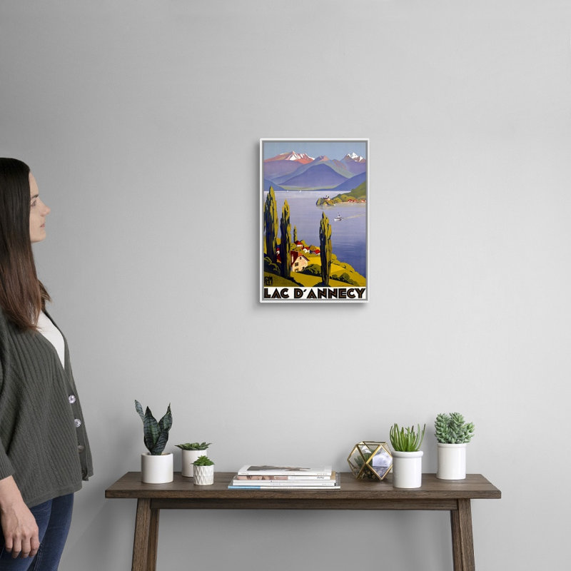 Reproduction d'art sur toile tendue, "Lac Lac d'Annécy", par Roger Broders, H 20 po x l 14 po x P 1,75 po, Cadre blanc
