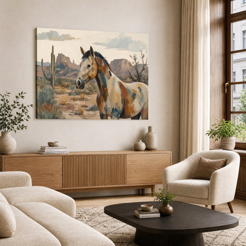 Motif géométrique patchwork cheval Saguaro cactus Arizona désert Mesa paysage impression toile Art plat occidental Sud-Ouest Decor peinture