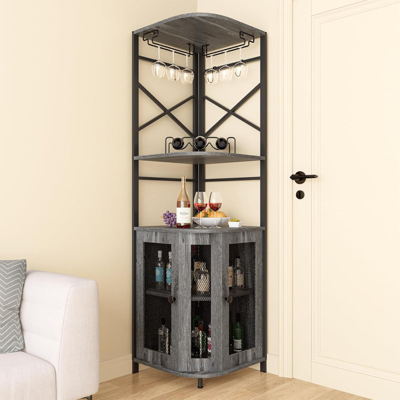 17 Stories Height Corner Bar Cabinet with Wine Storage,