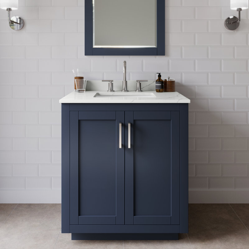 Ensemble de meuble-lavabo simple autoportant 30 po avec plateau en quartz Miranda 24 po Miranda, Quartz Giotto, Nickel brossé