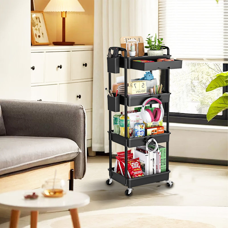 4-Tier Rolling Multi-Purpose Trolley With Drawers,Practical & Versatile Storage Trolley With Plastic Shelves & Lockable Wheels