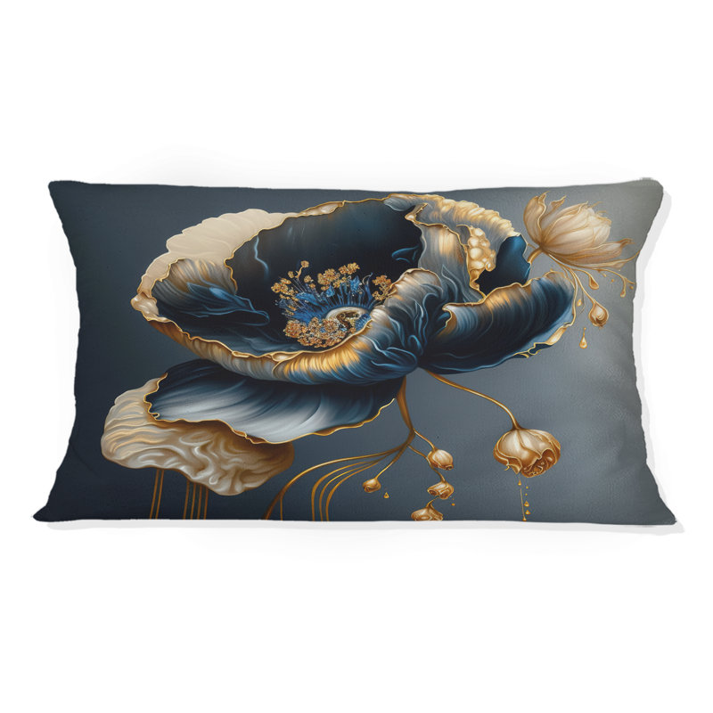 Coussin à imprimé floral bleu foncé et doré I, H 12 po x l 20 po, Rectangulaire
