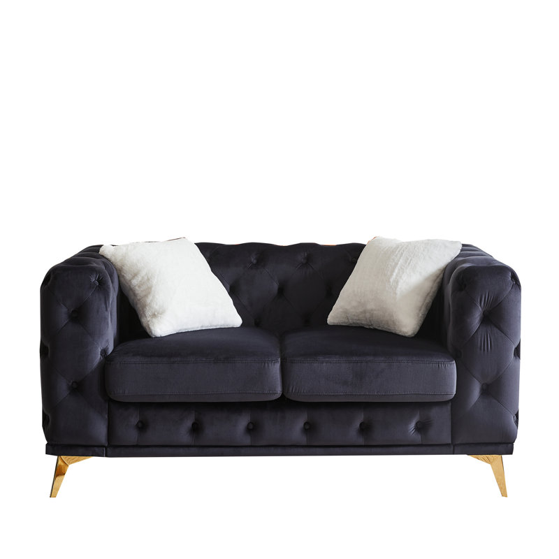 62,02 po, tissu de velours doux, coussins de style, à ressorts et en mousse, 2 coussins, pieds en métal, bureaux 62,02 po avec boutons en losange, pieds, confortable et confortable