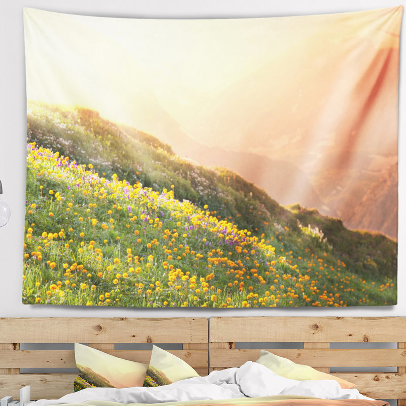 Paysage, floraison, montagne, pré, vue, tapisserie, H 50 po x l 60 po