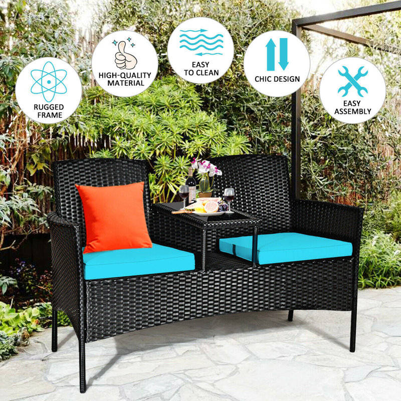 Ensemble de conversation d'extérieur en rotin de 54,5 po de large avec table, Bleu