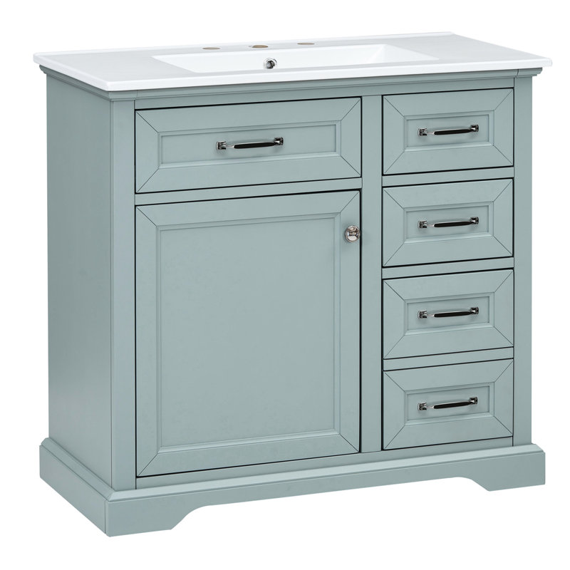 Meuble-lavabo 、 36 、、、、、 36 po en gris moderne, bois massif et matériau, lavabo sous-comptoir en céramique, fonction de fermeture en douceur, 2 tiroirs rabattables, rangement coulissant pour les essentiels
