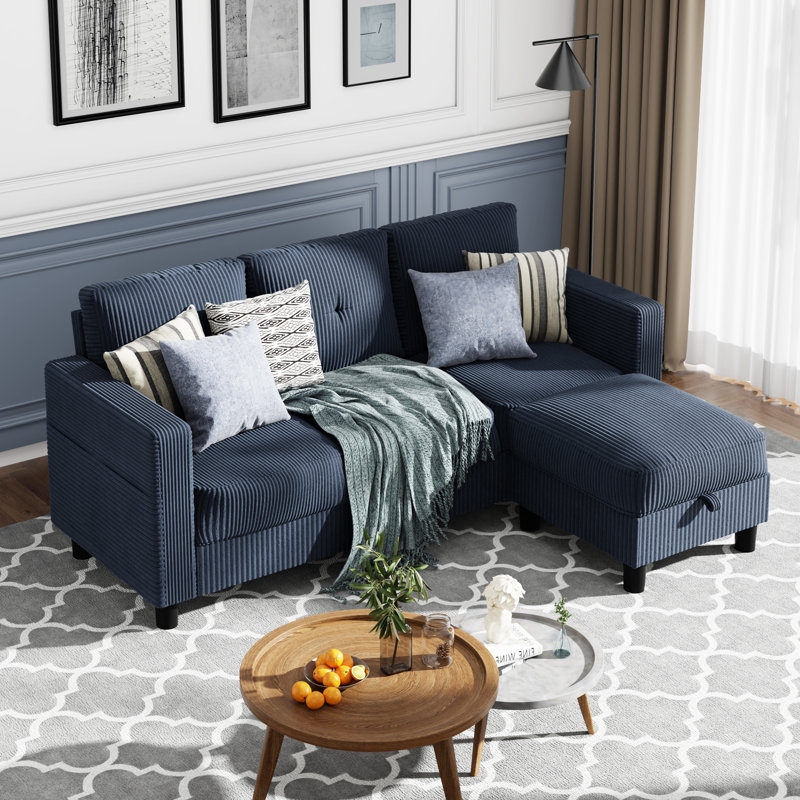 Degnan 76.4'' Upholstered Sofa Chaise, Blue Corduroy