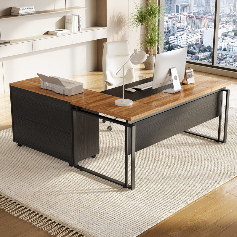 L-Shaped Executive Desk With Reversible File Cabinet, Brown/Black