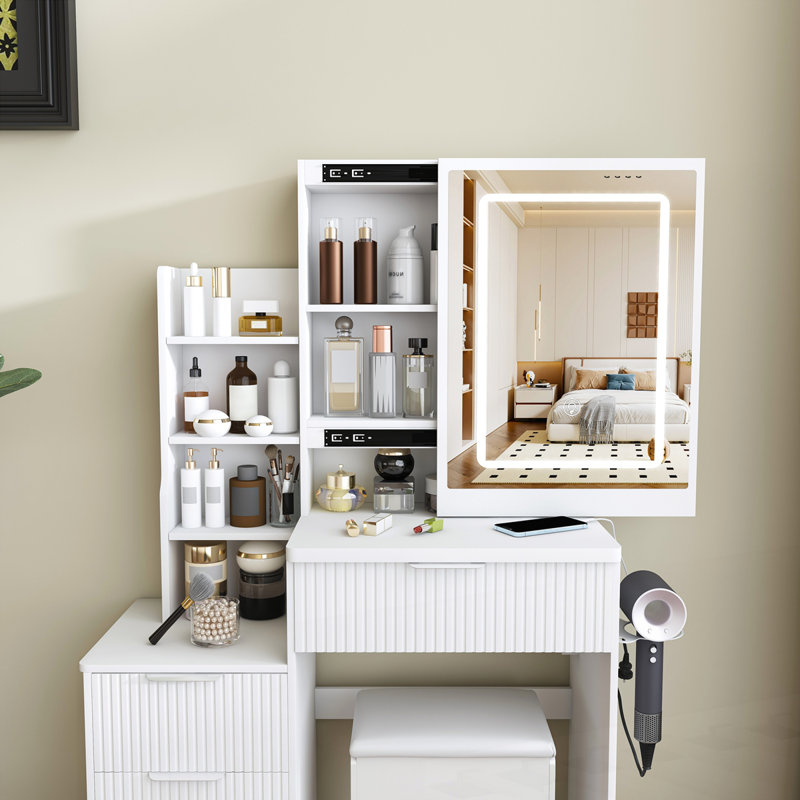 Bureau de coiffeuse moderne avec 4 tiroirs, Blanc