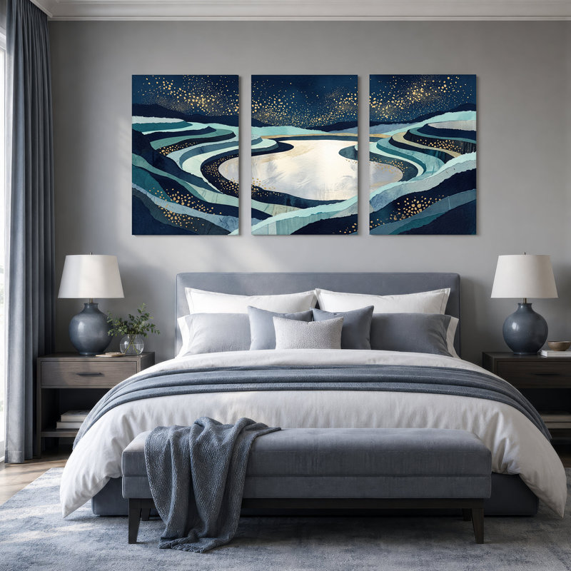 Ensemble de 3 toiles en couches bleues et dorées, H 24 po x l 16 po x 3 pièces
