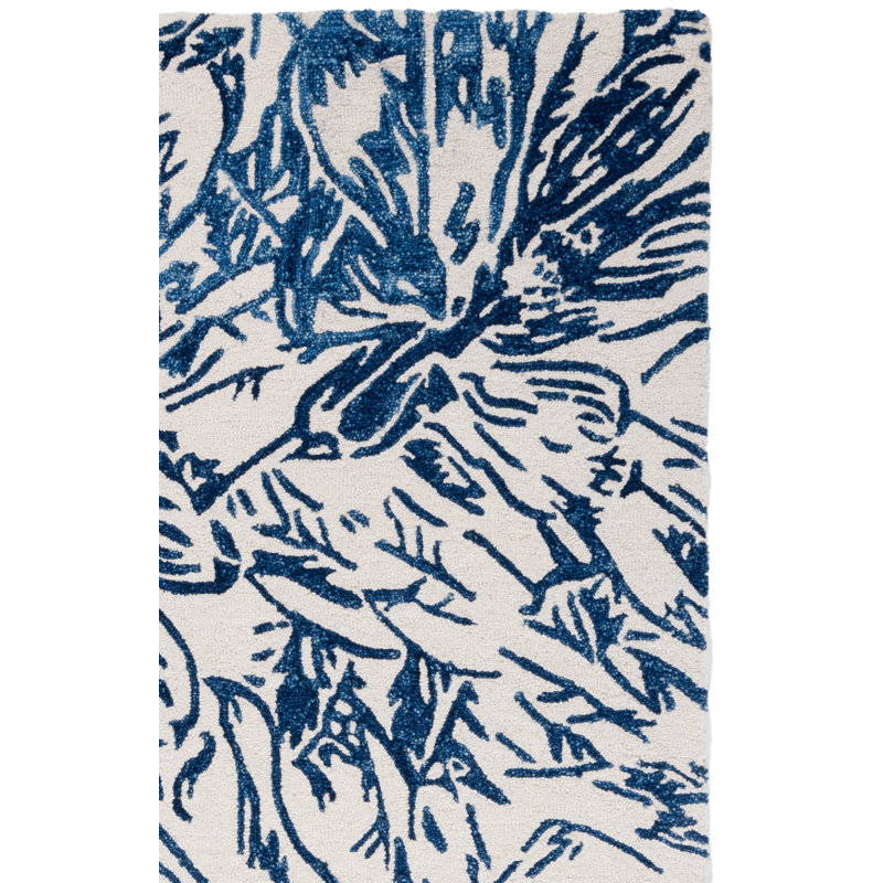 Romon Hand Tufted Wool/Cotton Floral Rug in Ivory/Blue, Rectangle 6' x 9'