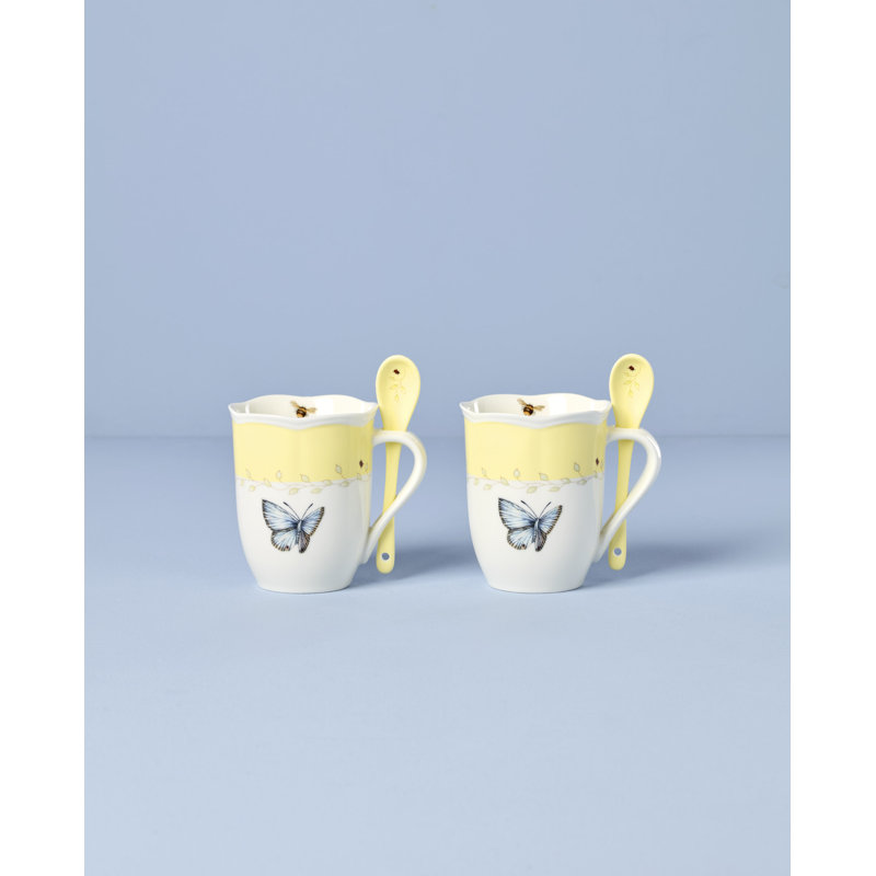 Ensemble de 2 tasses Lenox Butterfly Meadow jaune avec cuillères