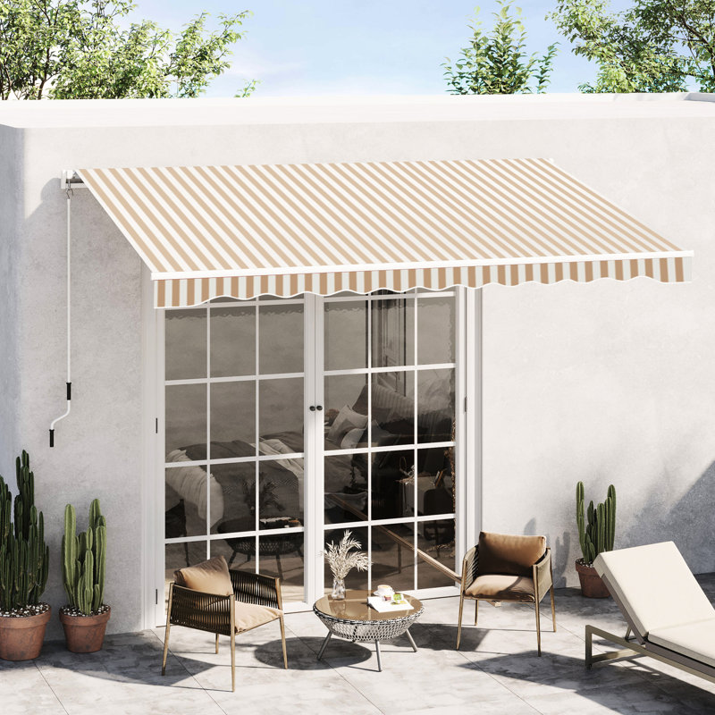 Window Awning, 13' X 8' Retractable Patio Sunshade, Manual Crank, & Water Fabric, Aluminum Frame, Beige Stripe Yard Awning - Water-, Frame For Deck, Balcony