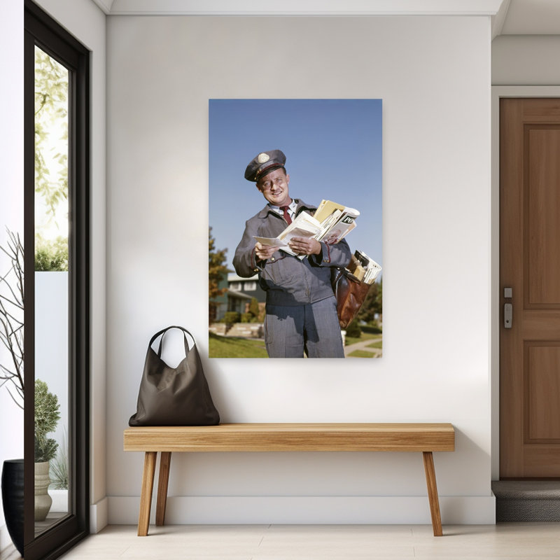 «1960S», souriant, courrier, lettres de Hodling, sac de courrier, rétro, rétro, art mural, H 60 po x l 40 po