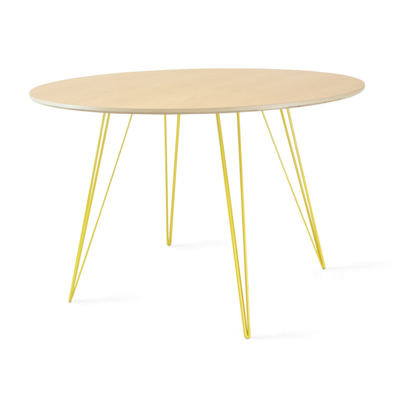 Williams Walnut Round Metal Base Dining Table, Yellow, 30" H x 46" L x 46" W, Natural