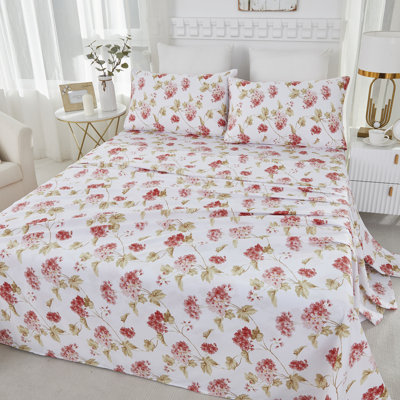 100% Egyptian Cotton Fitted Sheet Set, 4pcs 800 Thread Count Luxury Pink Spring Floral Shabby Chic Bedding Set, for Bedroom Guest Room All Seasons