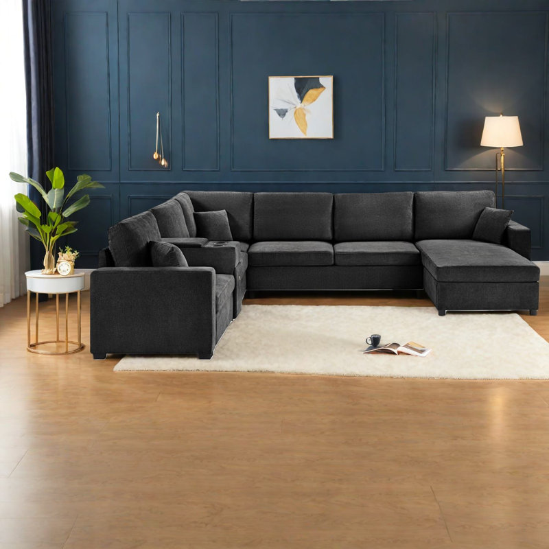 à 3 places noir modulaire, tissu chenille, confort de salon moderne