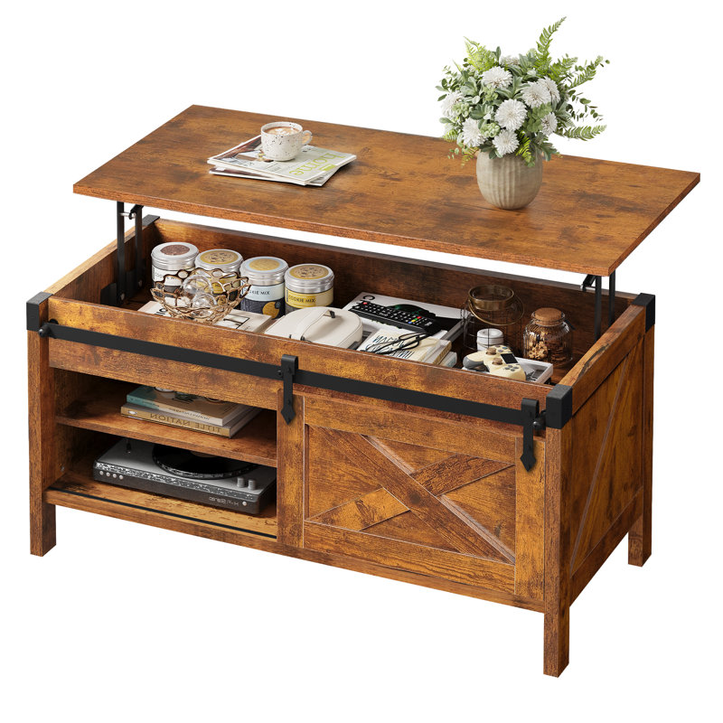 Table basse Wynny à plateau relevable avec rangement, table basse en bois de ferme de 39,4 po avec tablette amovible, Brun